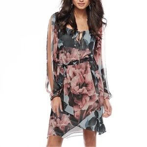 Jennifer Lopez Floral Chiffon Dress Tie Neck belt split sleeves pink gray M